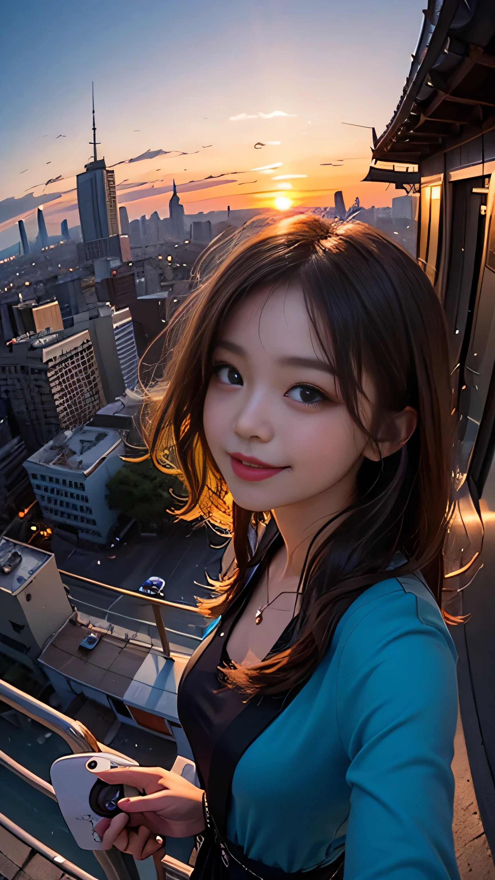 One girl, Korean, Fisheye Lens, Selfie, Wind, Messy Hair, sunset, Cityscape, (Aesthetics and atmosphere:1.2),smile