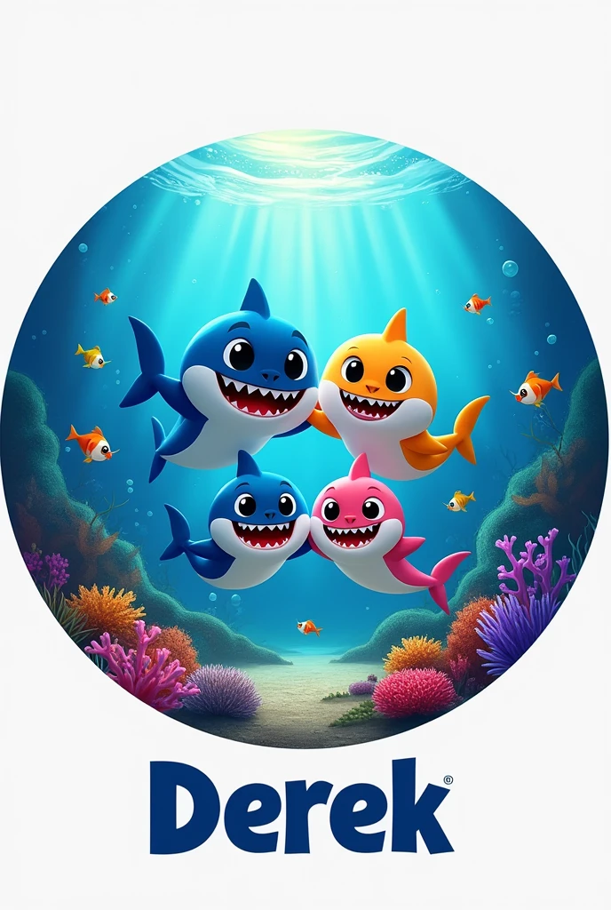 Generate a circular image of the baby shark family that contains the name Derek at the bottom center of the image.
