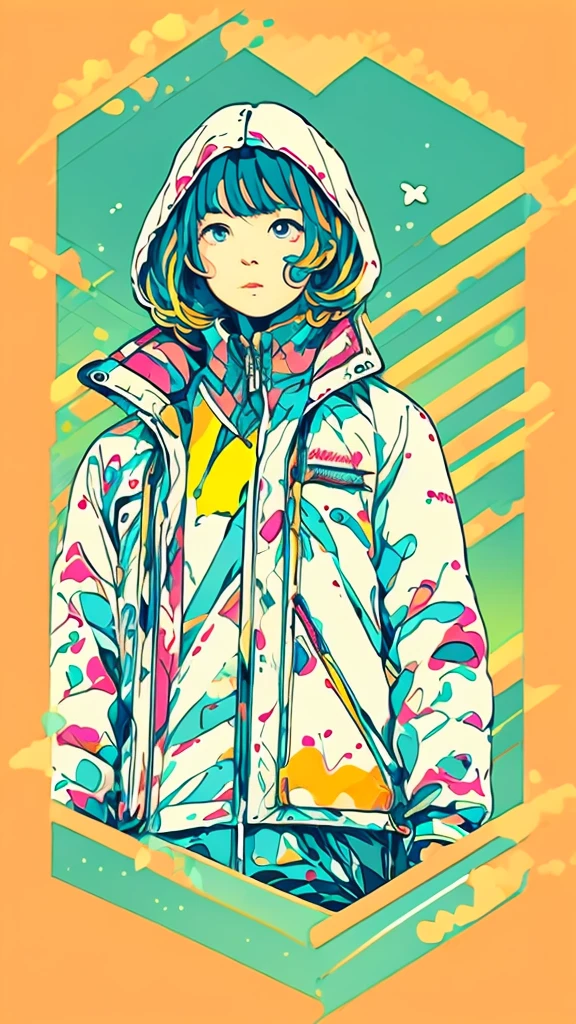 clean、Minimalist、Vector art、gradient cake scary hair、whiteいテックウェアの服、Tactical clothing（yellow、white）、strong stroke around image、simple and abstract design paper cute background、Solid color background、Or pastel colors、
