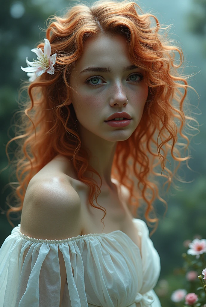 Create a woman with curly, medium-frizzy hair that is a shade of reddish-white.