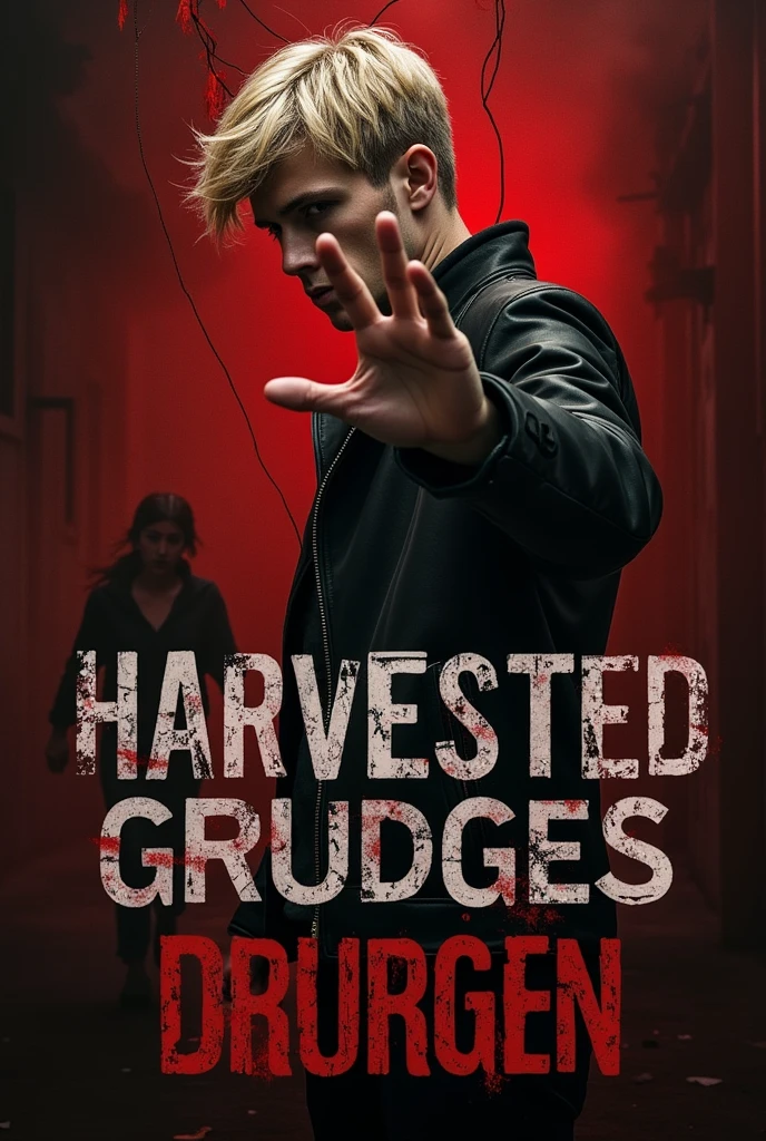 The cover shows a young man with a somber expression, with blonde hair and tight lips, wearing a black leather jacket. His hand is raised, with his fingers extended as if he were manipulating puppets. From his fingers hang fine threads that control a girl at the bottom of the cover, who is dressed in black and seems to be running away or resisting. the background is dark, with red and black tones, creating an ominous atmosphere. 
The title of the book, "Harvested grudges", it's in big letters 