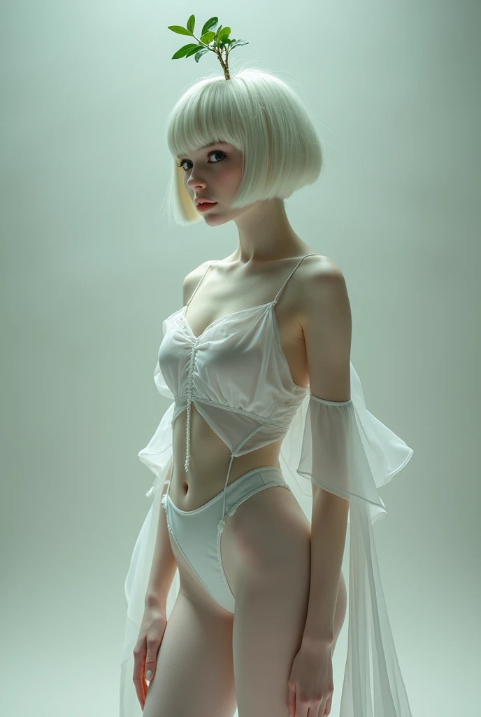 Girl with short white hair and a single plant on her head,black eyes,body with big hips and big thighs,white shirt with half transparent straps,long sheer white stockings,E cup bust