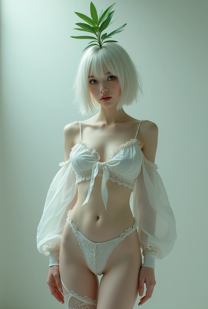 Girl with short white hair and a single plant on her head,black eyes,body with big hips and big thighs,white shirt with half transparent straps,long sheer white stockings,E cup bust