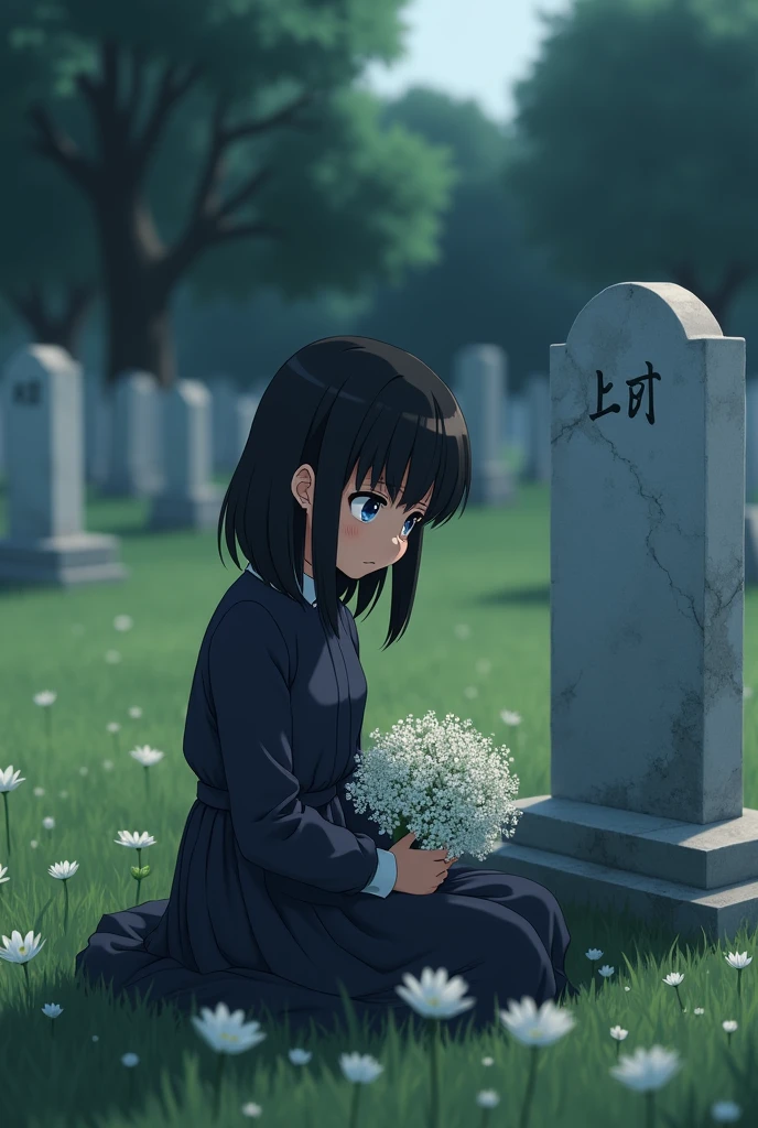 10-year-old anime girl with dark brown skin and straight black hair , slim, blue-eyed, short stature, dressed elegantly, looking at a grave with white flowers in her hands, while she is sitting in a cemetery looking at her mother's tombstone with a cold look
