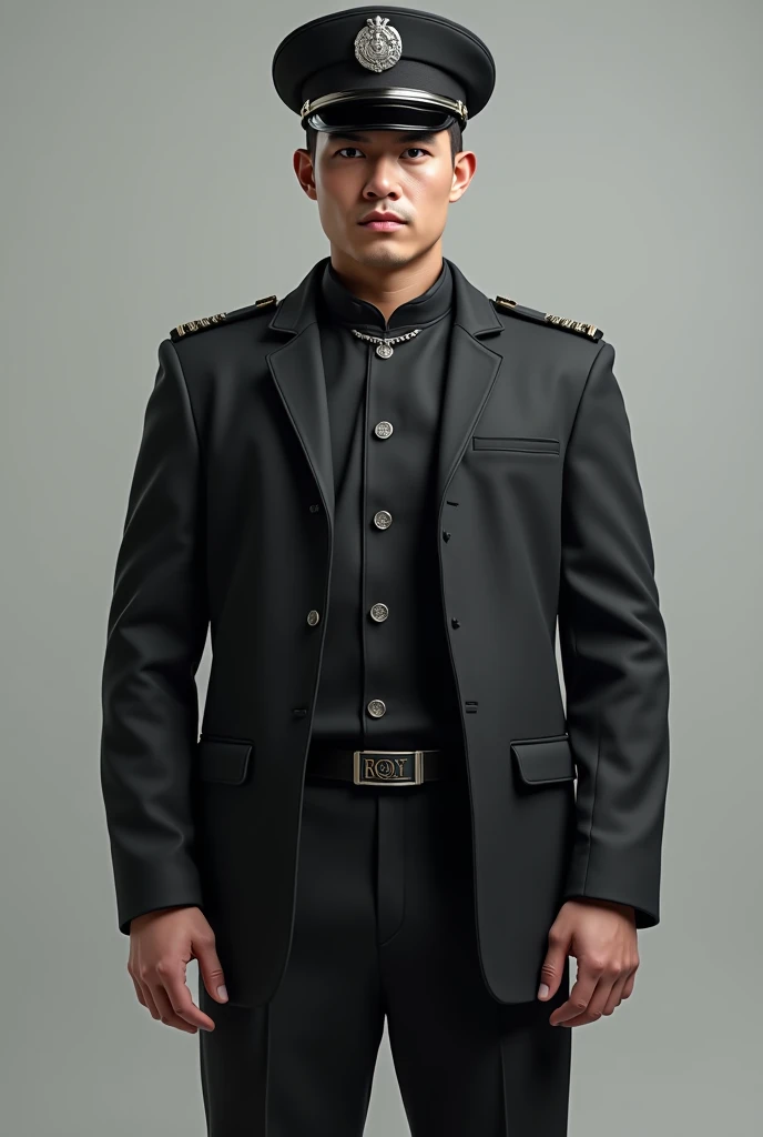 Firefighter uniform with black straight-cut pants, black jacket , black shirt, Chinese collar with silver cord and black kepi with silver plate