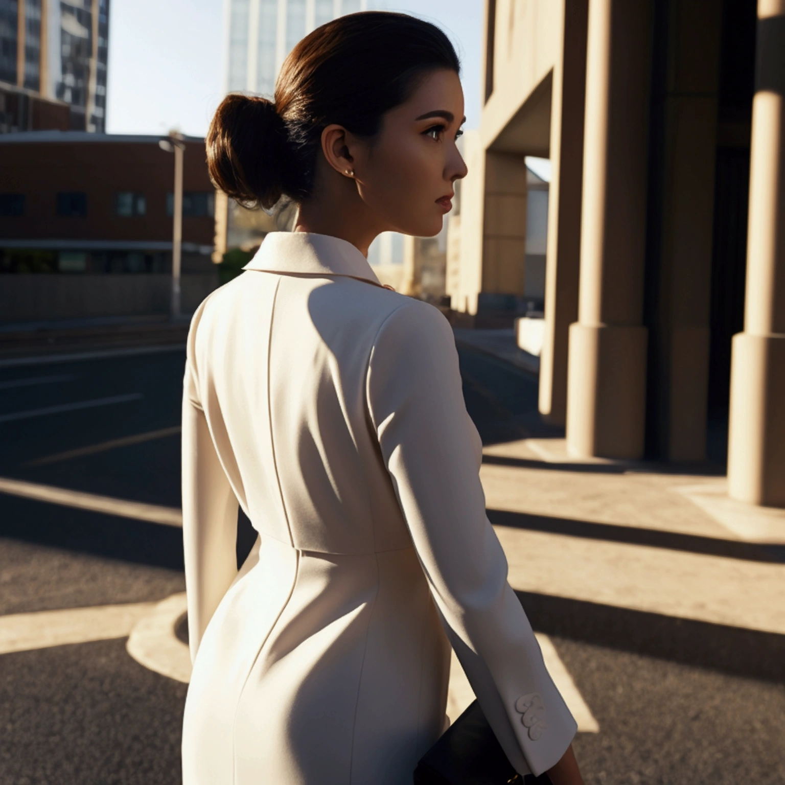 a realistic portrait of office women, she is waiting a taxi, day light scenery, back view, looking at viewer, full body detailed portrait, extremely detailed facial features, high quality, masterpiece, best quality, beautiful glowing skin, delicate facial features, elegant hairstyles, detailed clothing, realistic lighting and shadows, warm color palette, soft ambient lighting