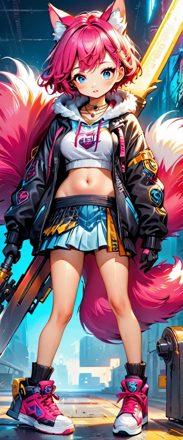 Oh, league of legend, con weapon gigante:1.3 ,sexy for, wallpapers, detailed eyes, fox ear, (fox tails), a skirt, (long pink fur), medium breasts, Looking at_It is shown in_Looking atl espectador, short_hair, gloves, belly button, fail, blue_there are eyes, Eternal, full_body, weapon, Footwear, necklaces, negro_gloves, pulp, hooded, hair_overcome_Yoon_there are eyes, Cultivator_above, hoodie, negro_pants, sneakers, Cut_jacket, cyber punk character, Cut_hoodie