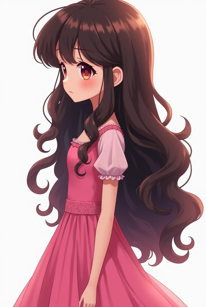 Cartoon girl doll anime long dark brown wavy hair face pink dress and colors with full profile face side view white background
