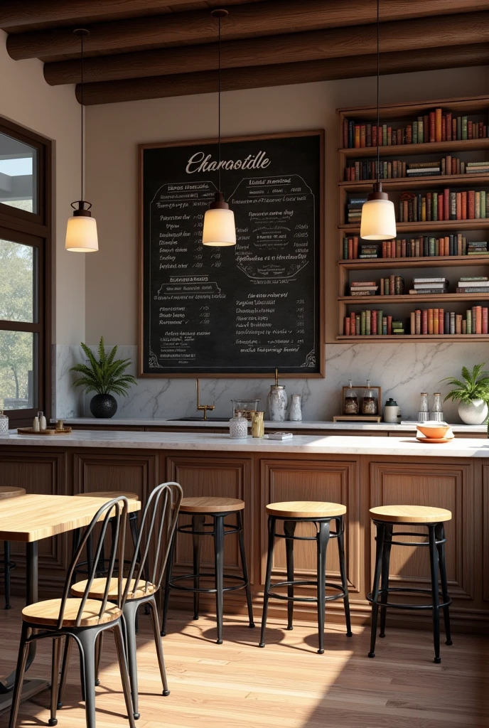 Traditional coffee shop with wooden tables and metal chairs, a marble counter, a chalkboard with the menu handwritten, and a shelf of books.  

