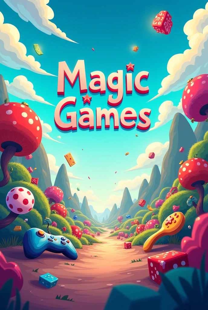 Image with a background featuring gaming elements in a cartoon style and the name Magic Games, in the middle