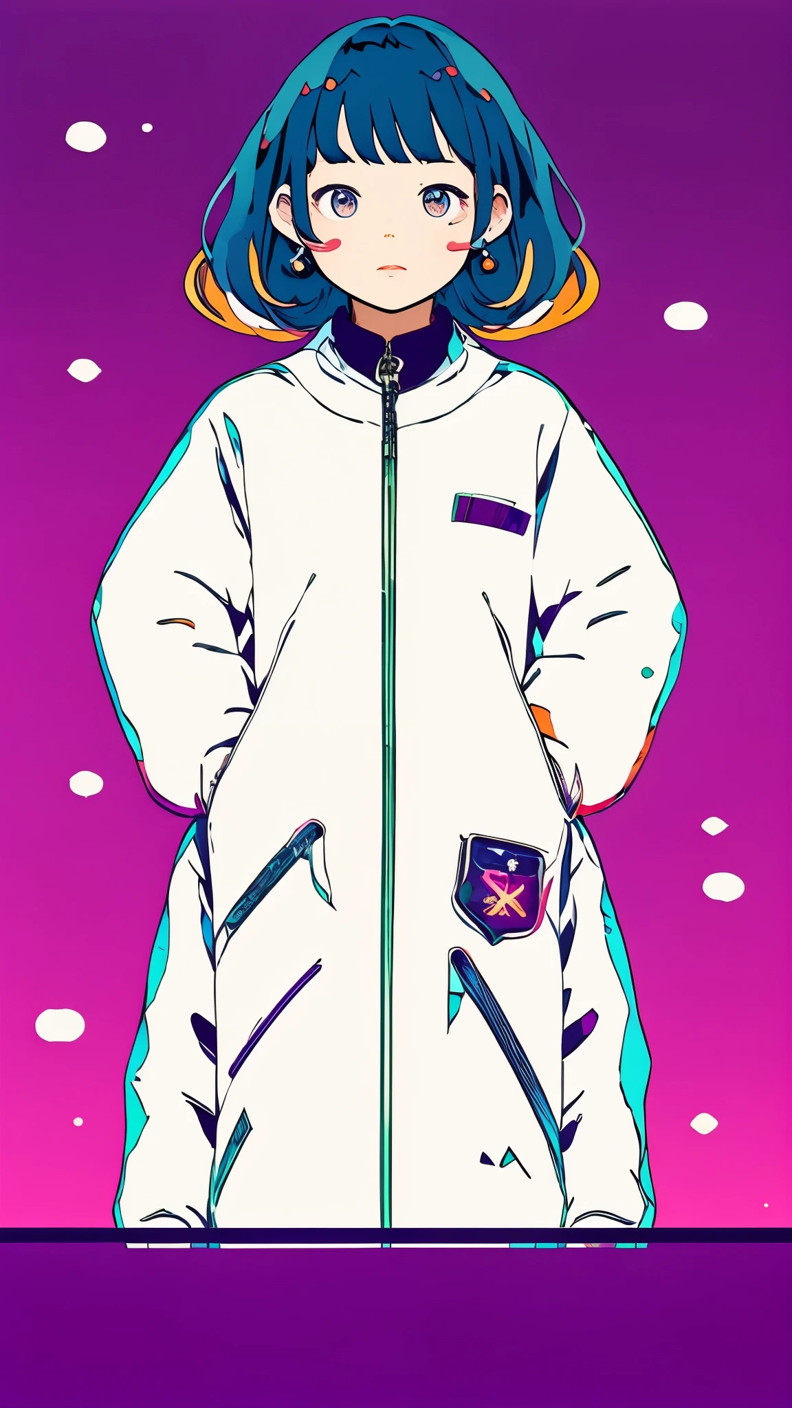 clean、Minimalist、Vector art、gradient cake scary hair、whiteいテックウェアの服、Tactical clothing（purple、white）、strong stroke around image、simple and abstract design paper cute background、Solid color background、Or pastel colors、
