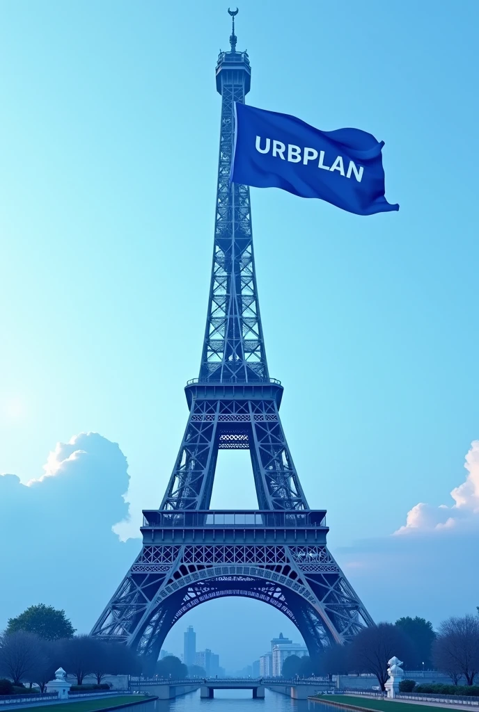 Create an image of the Eiffel Tower in Paris with a blue flag fluttering at the top, where it is written "URBPLAN" in white lettering. Use a palette of predominantly blue tones for the entire image. The tower should be presented with its detailed metal structure in shades of blue ranging from light to dark, with the flag at the top clearly visible and highlighted. The background sky should also be blue, complemented by some soft clouds in light blue tones. The lighting should emphasize the flag and the text, Creating a focus on the message, while the Eiffel Tower remains majestic in its blue setting
