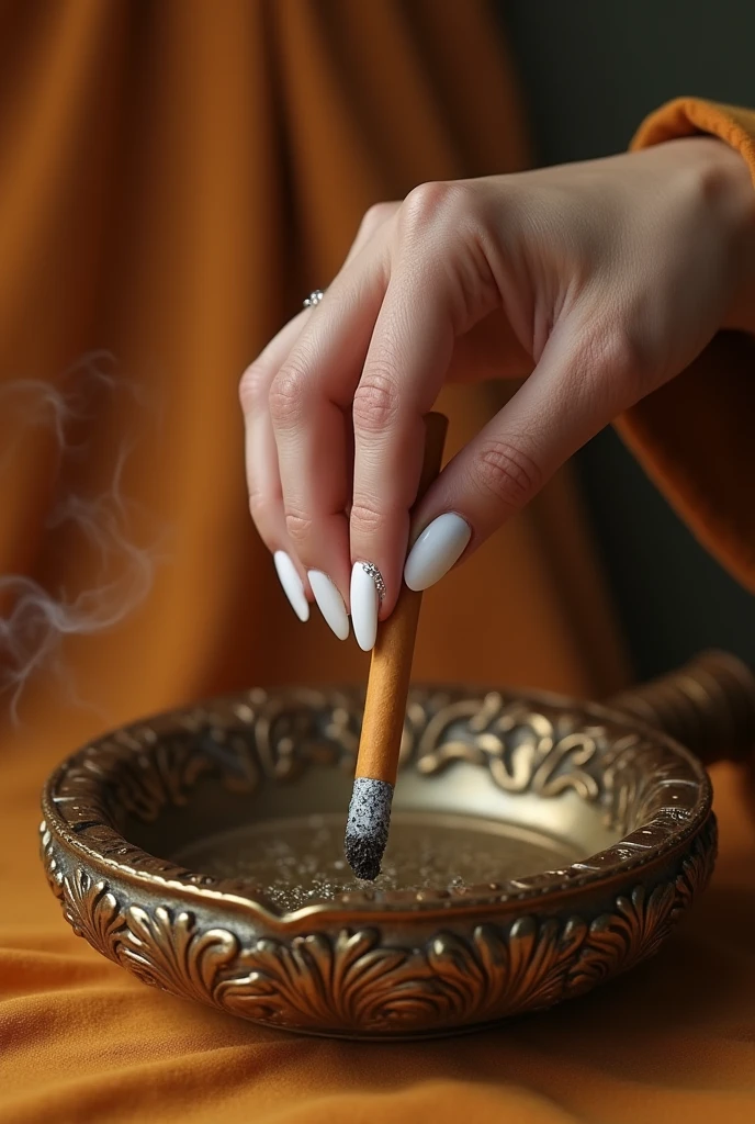 Woman hand crushing a cigarette in an ashtray with white nail polish. Nails are mid long with a small pearl on each nail. Arabian tan for the skin