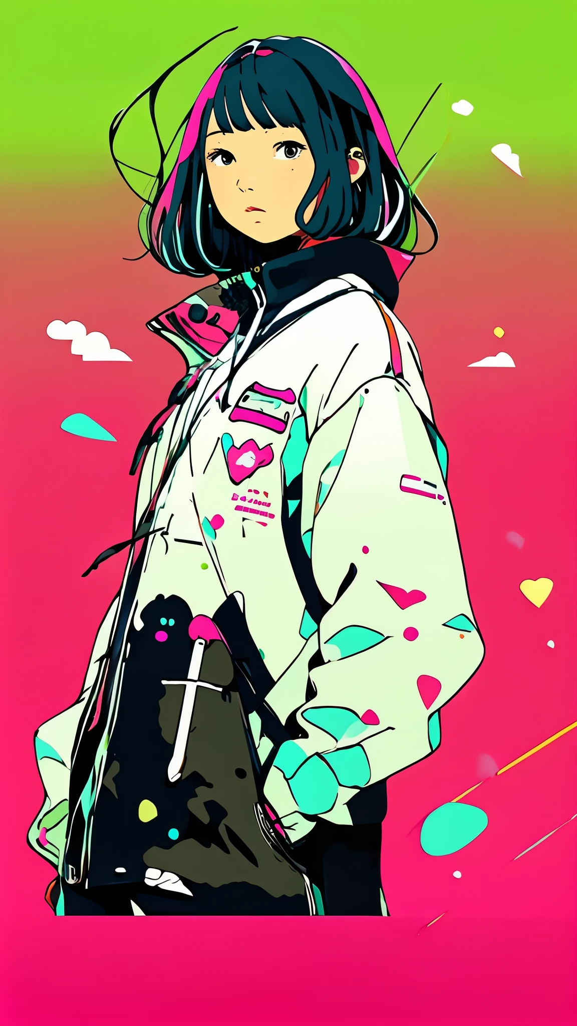clean、Minimalist、Vector art、gradient cake scary hair、whiteいテックウェアの服、Tactical clothing(green、white)、strong stroke around image、simple and abstract design paper cute background、Solid color background、Or pastel colors、