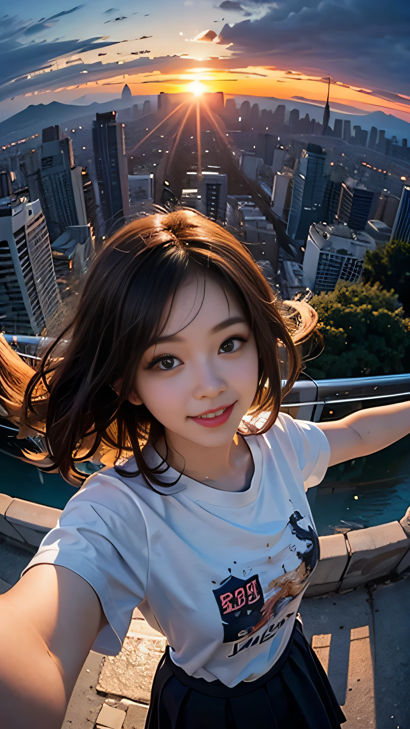 One girl, Korean, Fisheye Lens, Selfie, Wind, Messy Hair, sunset, Cityscape, (Aesthetics and atmosphere:1.2),smile