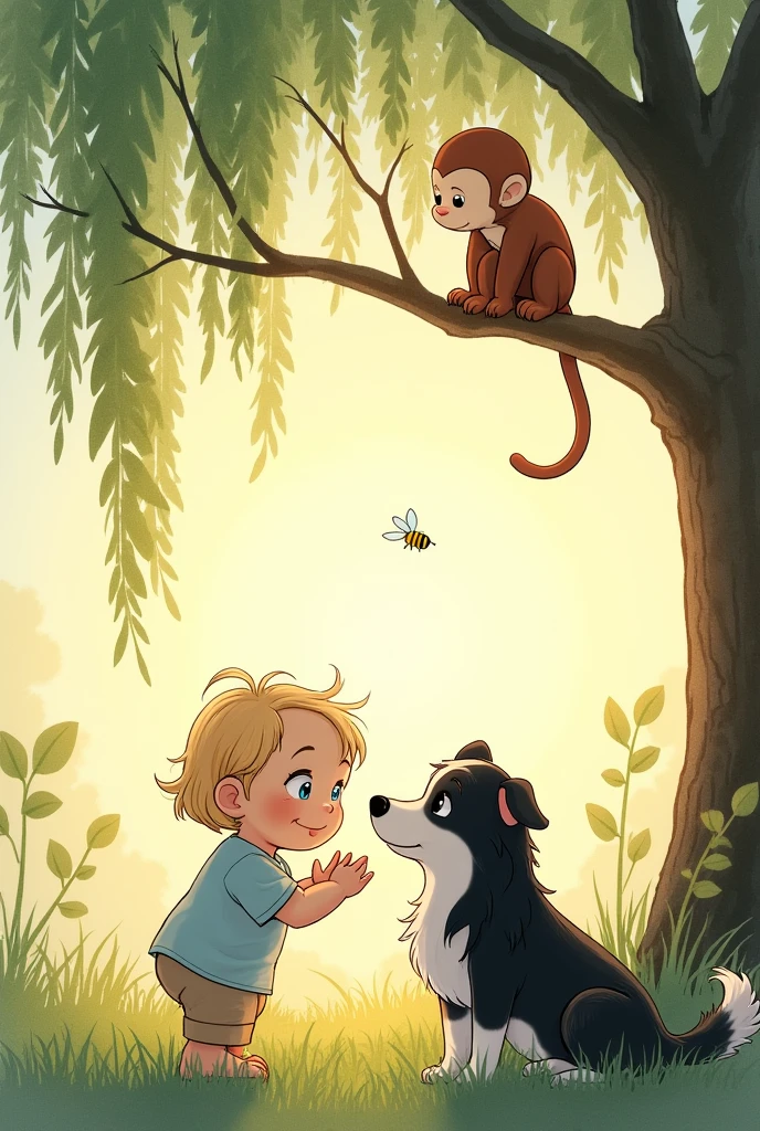 {
"prompt": "In a comic book style with watercolor techniques, create a serene dawn scene featuring a one-year-old girl playing with a medium-sized dog that has long black and white fur. The girl has a soft and amused expression as she interacts with the dog. The gril has bleue eyes and blond hair. Overhead, a tender-looking monkey watches them from a branch of a weeping willow tree. An early morning light bathes the scene in warm hues, highlighting the gentle atmosphere. A small bee is also present in the image, adding a touch of whimsy to the peaceful setting."
}