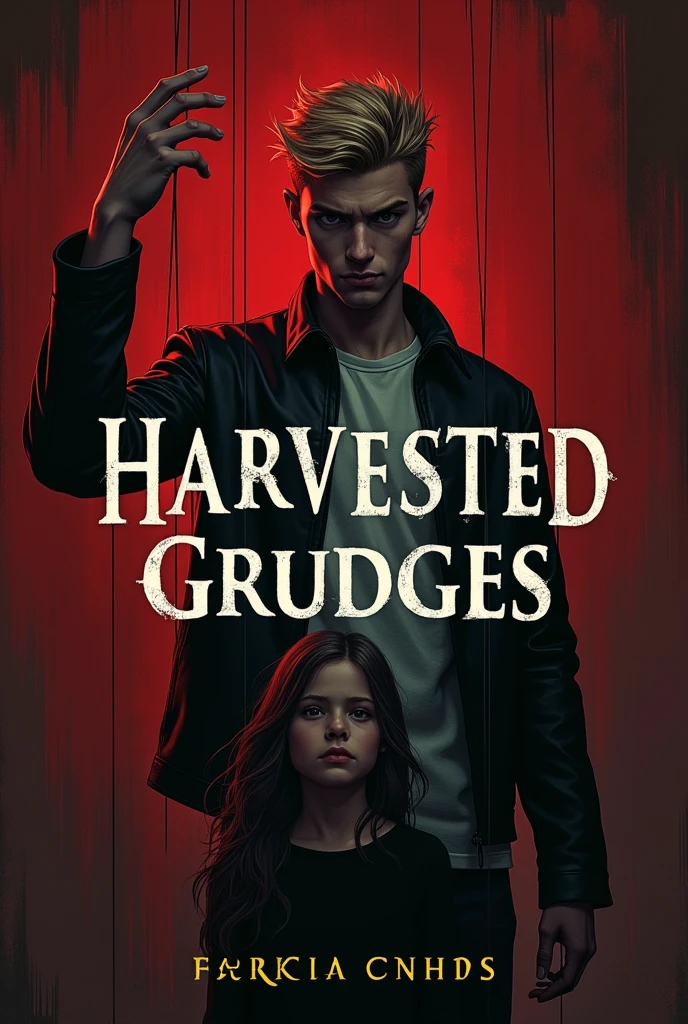 The cover shows a young man with a somber expression, with blonde hair and tight lips, wearing a black leather jacket. His hand is raised, with his fingers extended as if he were manipulating puppets. From his fingers hang fine threads that control a girl at the bottom of the cover, who is dressed in black and seems to be running away or resisting. the background is dark, with red and black tones, creating an ominous atmosphere.
The title of the book, "Harvested grudges", it's in big letters