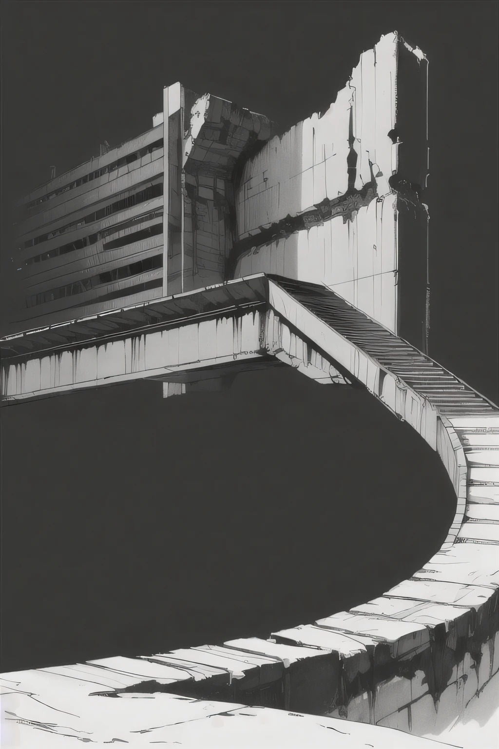 Side view of an imposing giant bridge of brutalist stone going across an imense of darkness, black and white, dark background