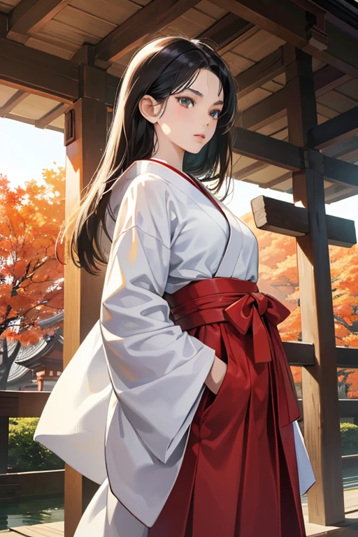 ( High resolution, Super detailed),masterpiece,Highest quality,High resolution,8k,Realistic Face,Realistic skin texture,Expanded Texture, Amazing clarity,Detailed anime,(Super detailed eyes and face),,Long black hair、White skin,Japanese Shrine Maiden, Mystical Eyes,Miko costume,(White kimono、Red Hakama),(Red too:1.1) Slim figure,Big Breasts,Small Ass,Expressionless,At the shrine,afternoon,Cowboy Shot,Gentle bag,Japanese garden,(Green sun)