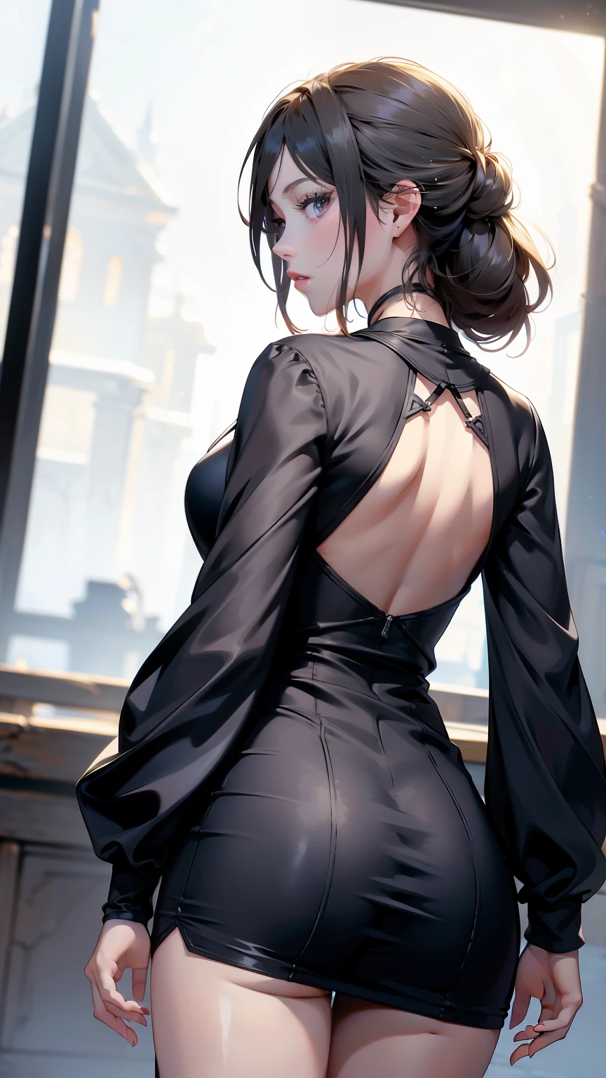 (rear view, backside view),(masterpiece:1.3), ((Best Quality:1.3), I don&#39;t, 1 girl, polarized glasses, old, short hair, Alone, choker, mole above the mouth, Sunglasses, large old, ((ropa pri)), ((striped clothes)), prisoner, shirt, long sleeves, Striped Inmate Scrub Uniform with Long Fitted Sleeves, Upper part of the body, shackles, black and white lines, (Background of prison bars :1.4), (iron groceries),( showing panties black lingerie),( bright colors), (ciborg prisioner:1.4 ), (detailed face :1.4), ,( cyberpunk 2.1)

