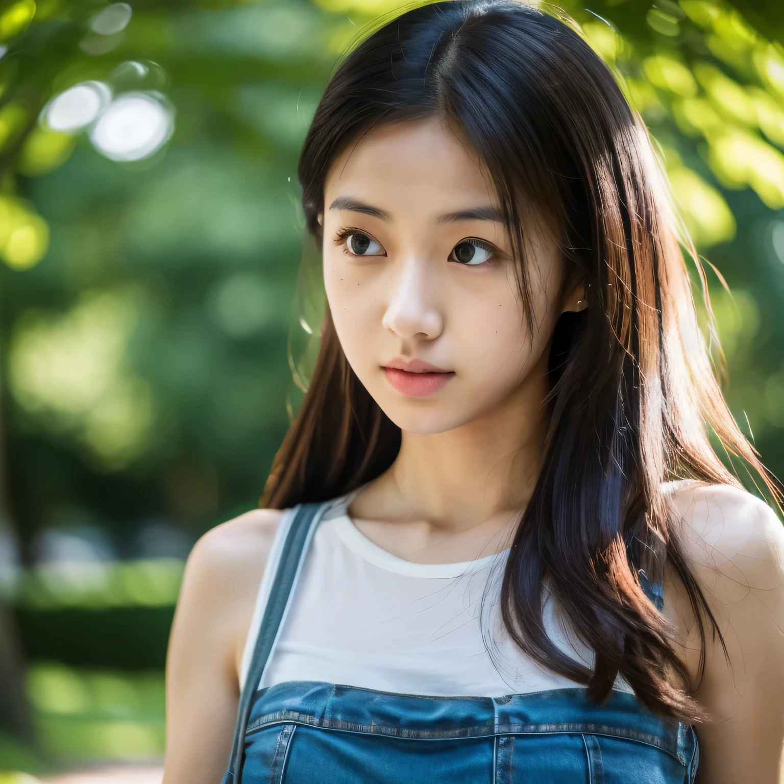 HIMESANA,ultra realistic, Candid Shot, Medium shot,Sony Alpha a7 III taken Photography,19yo girl, walking through a summer park. glamorous,Fitted round-neck t-shirt and denim miniskirt, Super detailed and rough skin, detailed face, detailed hair, playful expression. The background is filled with trees, captured in sharp detail.