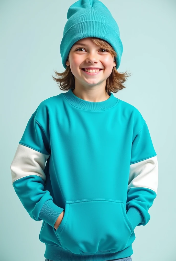 I need you to draw a 4th grade sweatshirt design where the inside color is turquoise blue and the sleeves are ice white (American style with a beanie)