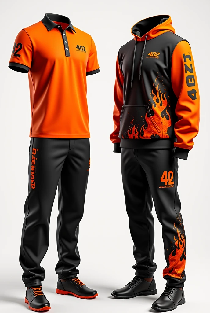 Design a complete uniform for a burger restaurant with the 402burger logo in orange and black colors with a polo shirt and jogger pants that are creative and disruptive with creative designs and flames on the sweatshirt and t-shirt
