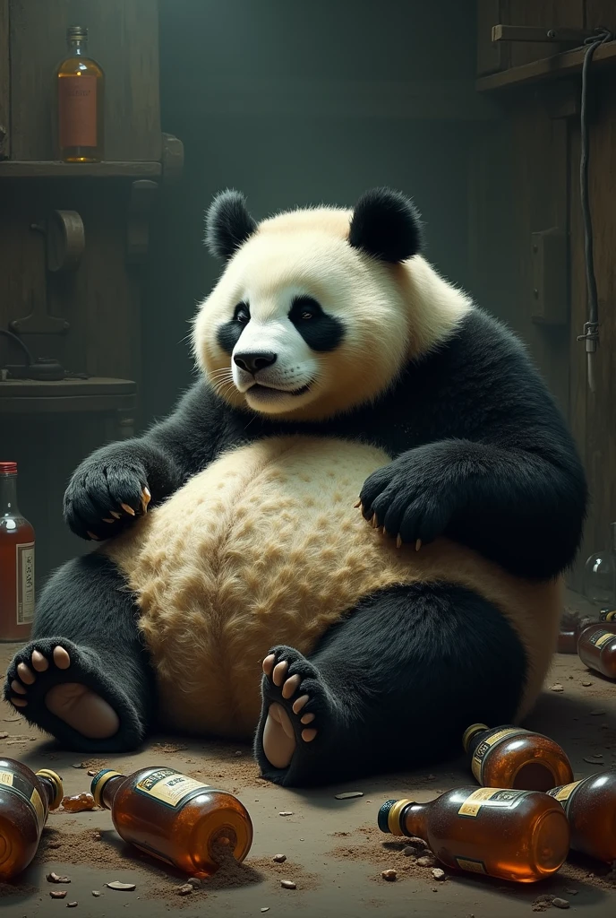 Completely drunk panda bear sleeping with bottles around him fallen on the floor