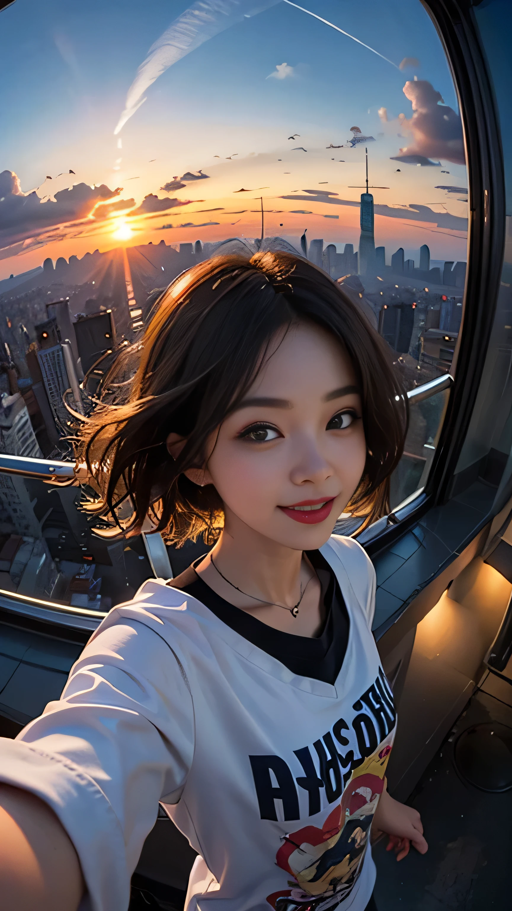 One girl, Korean, Fisheye Lens, Selfie, Wind, Messy Hair, sunset, Cityscape, (Aesthetics and atmosphere:1.2),smile