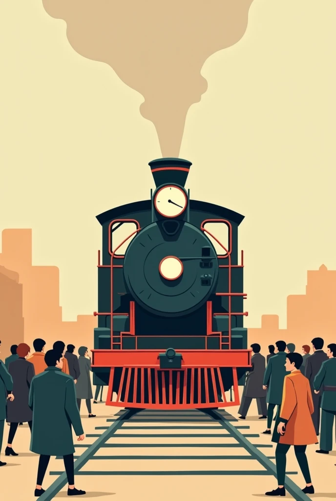 Retro Style，flat design，Many people are getting on the train，Vintage locomotive，Minimalist style，Non-realistic style，Stamp design