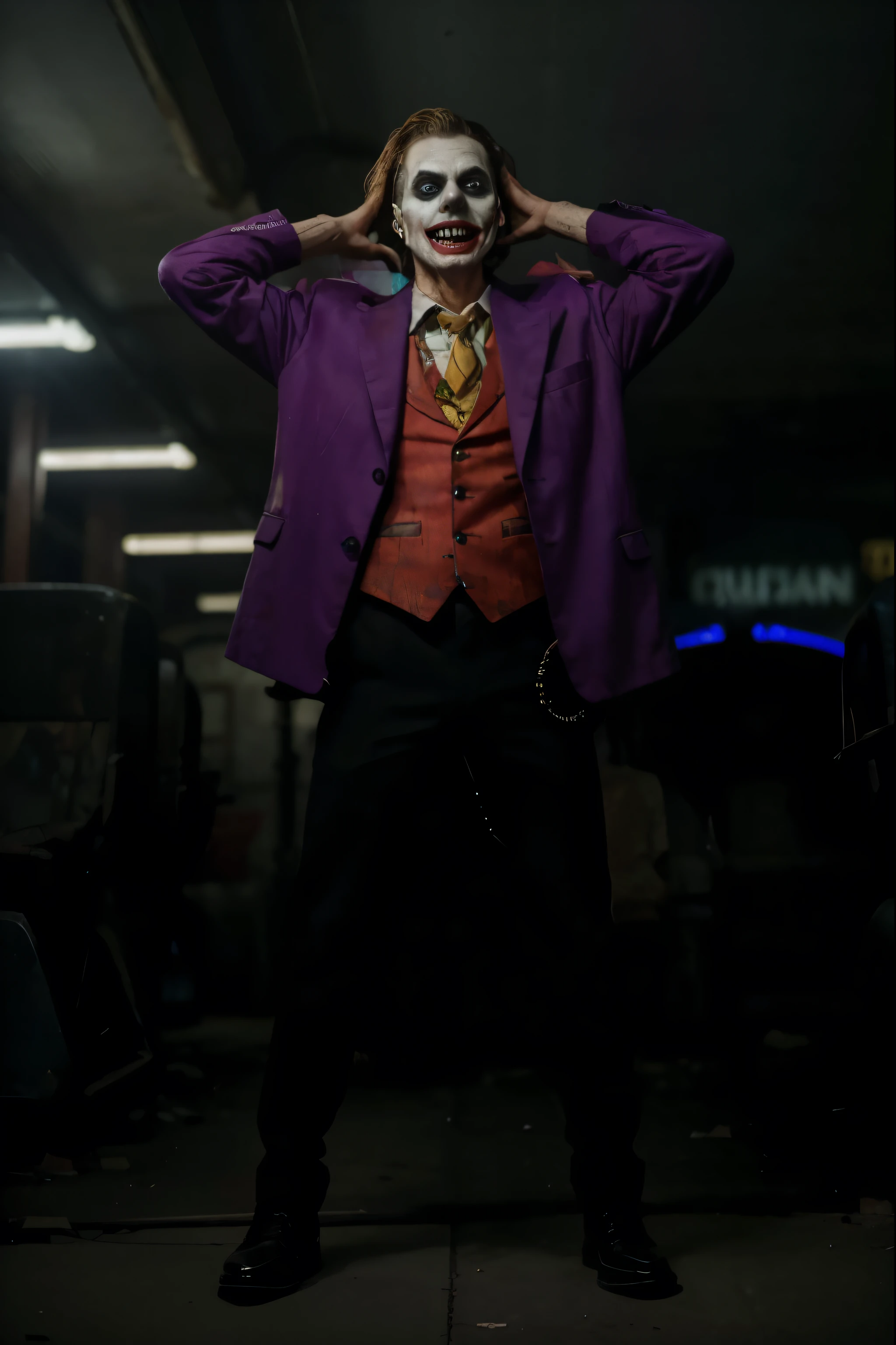 (Best quality, 8k, 32k, Masterpiece, UHD:1.2), "Transform the setting of the image into Amusement Mile from Gotham City in DC Comics. The scene should capture the eerie and dilapidated amusement park, filled with twisted, broken-down rides and creepy, flickering neon lights. The atmosphere is dark and ominous, with an unsettling quietness hanging in the air. A Ferris wheel looms in the background, its carriages creaking in the wind, and a derelict roller coaster snakes through the park like a skeleton of metal. The surroundings are filled with distorted funhouse mirrors, eerie clown faces, and faded carnival signs, giving the place a nightmarish, surreal quality. The color palette should be dark with muted, sickly hues, emphasizing the decayed, sinister vibe of the park. Everything should evoke a sense of danger and madness, as if the Joker could emerge from the shadows at any moment."
