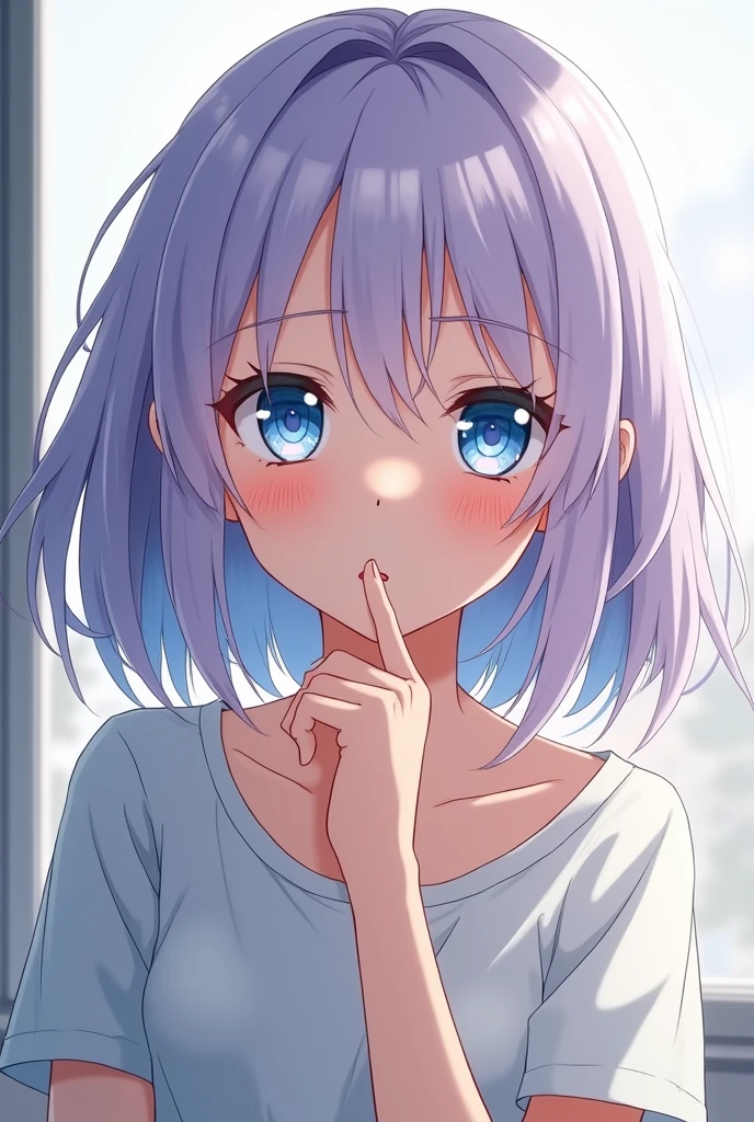 Anime girl with light purple, short hair, blue-white eyes and serious expression, comfortable clothes for a 13 year old girl
