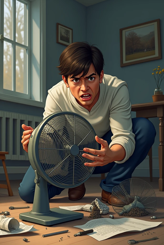 A person assembling a fan that didn't work because they assembled it incorrectly and without the instruction manual.