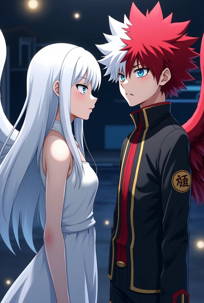 Screenshot My Hero Academia
The girl has long white hair, She has angel-like eyes, blue with a touch of sky blue, She has porcelain skin, She has white wings, Her heroine costume is like an angel's white dress , he is next to Todoroki Shoto a boy with a somewhat short lip, one side white and the other red, his eyes are one blue and the other brown, and this is serious, he has a red-eyed wound on almost his entire blue eye
