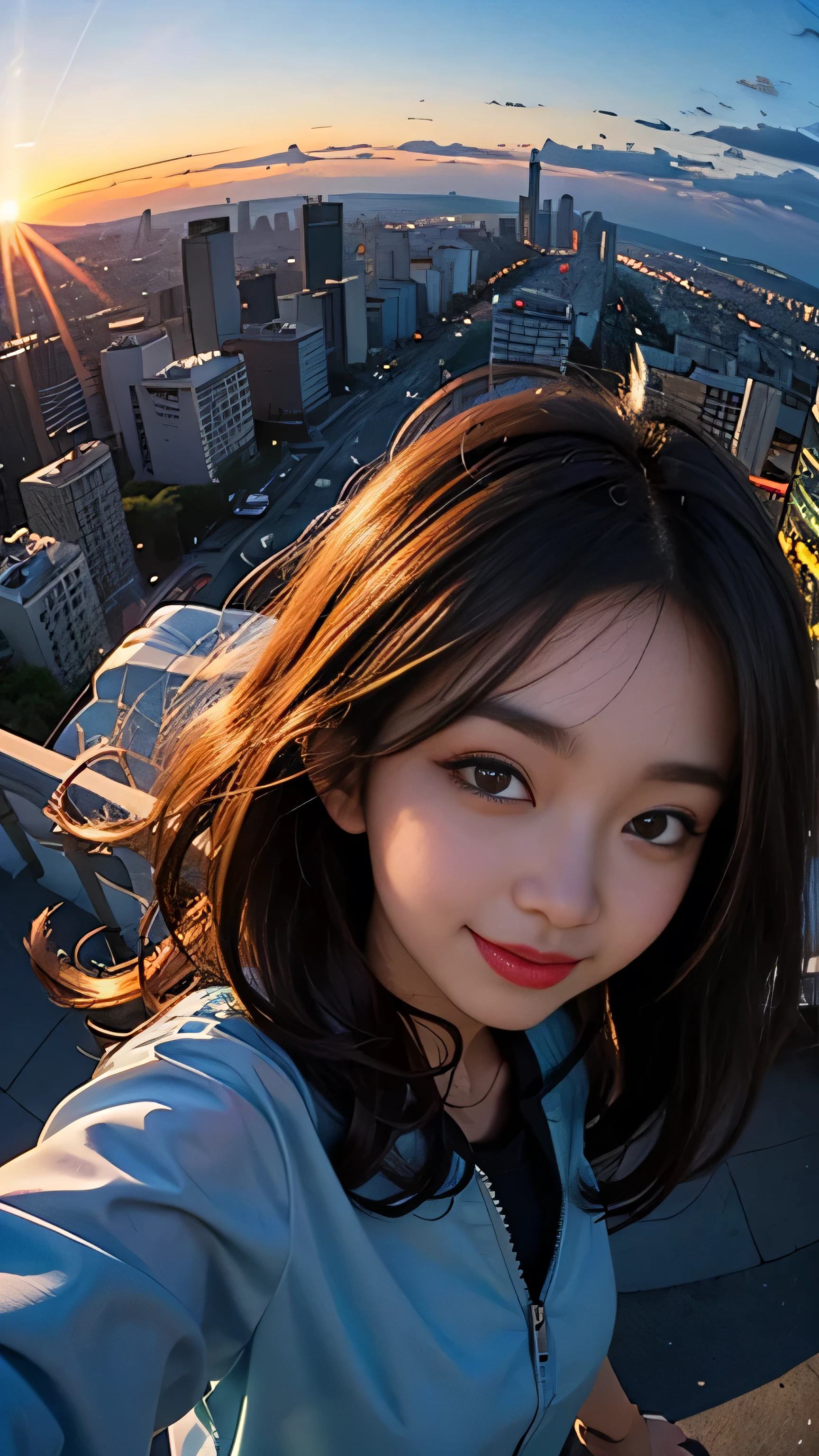 One girl, Korean, Fisheye Lens, Selfie, Wind, Messy Hair, sunset, Cityscape, (Aesthetics and atmosphere:1.2),smile