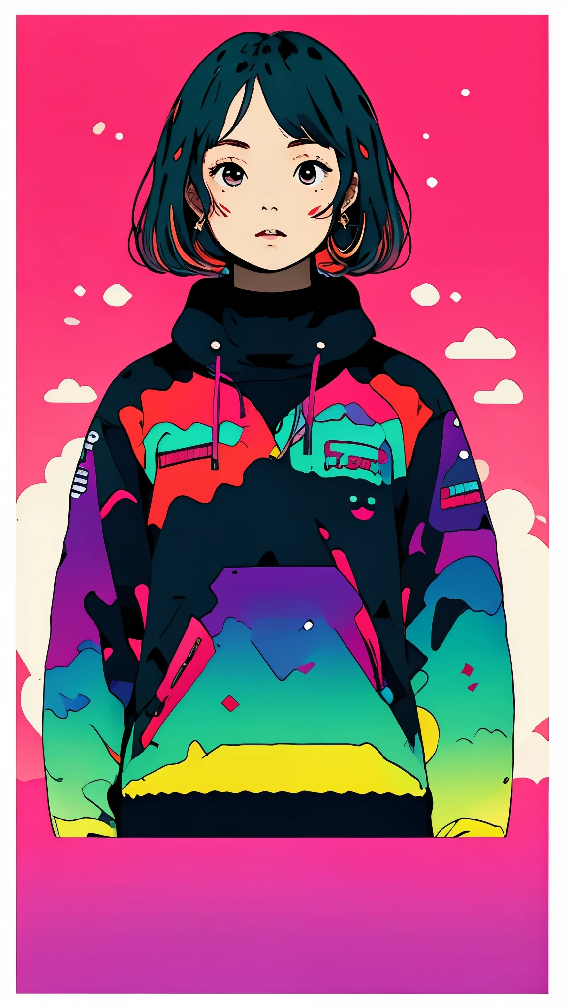 clean、Minimalist、Vector art、gradient cake scary hair、whiteいテックウェアの服、Tactical clothing（red、white）、strong stroke around image、simple and abstract design paper cute background、Solid color background、Or pastel colors、
