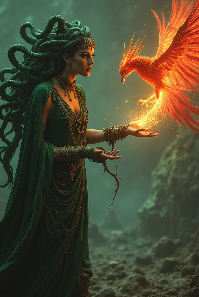 Visualize Medusa in her classic mythological form, with her hair composed of serpents that slither and coil, noticeable in a way that makes it clear they are snakes. She is with her fixed gaze and intense expression, and her eyes convey the essence of petrification. Instead of a butterfly, She is extending her hand towards a majestic phoenix, Descending towards her fingers. The phoenix is bright and resplendent, With fiery colors, intense reds and oranges contrasting with Medusa's green. The phoenix seems to be in full flight, Its wings outstretched and its tail undulating, radiating a burning aura as she approaches Medusa. The environment could be a dark and mystical landscape, accentuating the dramatic and fantastic image of this scene. I want Medusa to have more emphasis on the snakes in her hair and a terrifying appearance, and for the phoenix to have something like feathers on top of its head as part of its body, so to speak.
Now I just want the background of all that.