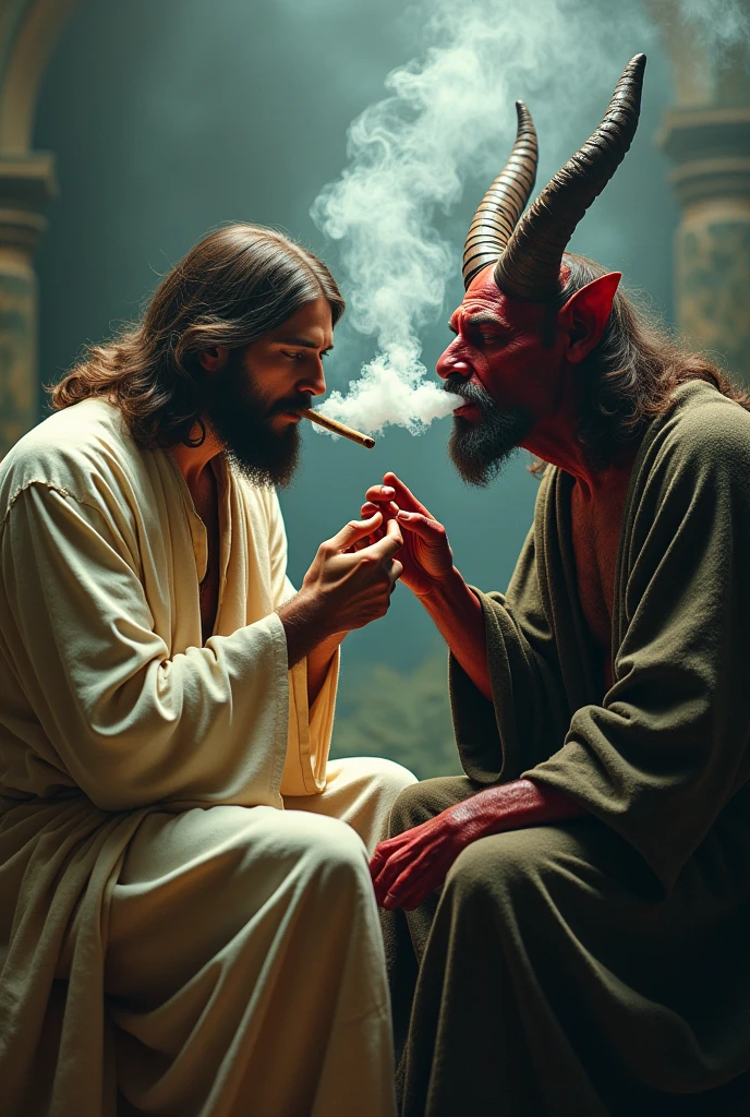 Jesus Christ smoking marijuana with the devil beside him talking and smoking too