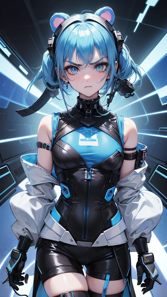 1 girl, anime, high quality, intricate details, futuristic setting, short, robotic, cybernetic, futuristic fashion, pasel blue hair, bear ears, dot eyebrows, angry pout, streetwear, pastel blue and black outfit, blue eyes,