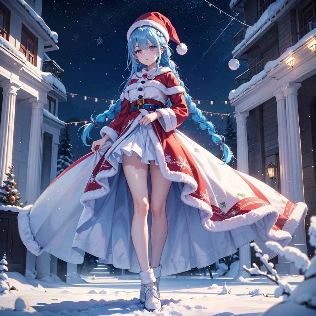 (Sky Blue Hair),((Braided Hair:1.2)),(Pink Eyes),(Fair Skin),(Full Body),(Alone),(Santa Claus Clothes),(Giant Christmas Tree in the Background),(Snowy Night),Sparkling Night Sky,snowman,gift box,(Masterpiece, Top Quality, Very Detailed, Best Shadows),(Detailed Background),(Beautifully Detailed Face),High Contrast,(Best Lighting, Very Delicate and Beautiful),((Cinematic Light)),Hyper Detail,8k,Dramatic Light,Exquisite Detail,