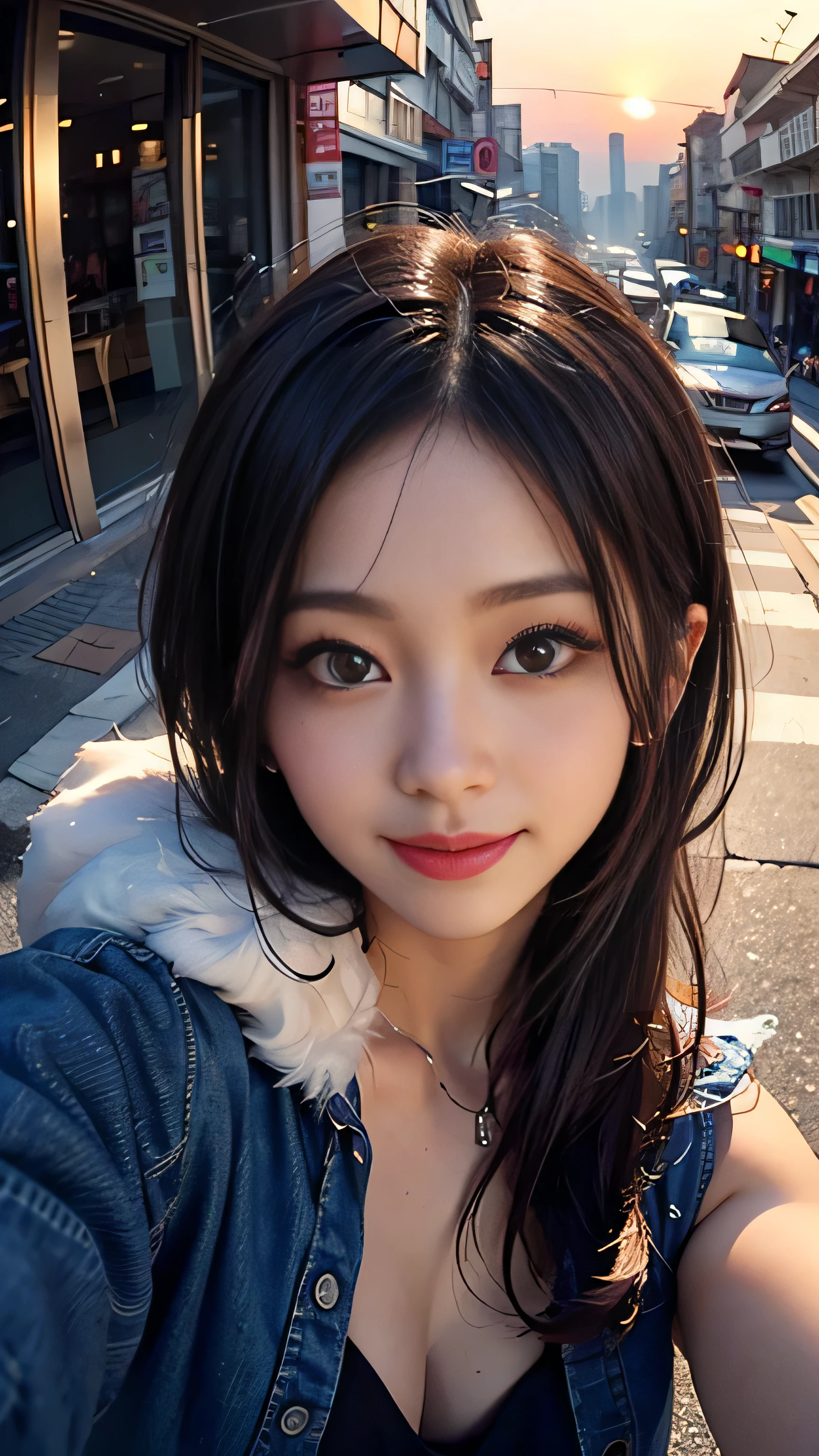 One girl, Korean, Fisheye Lens, Selfie, Wind, Messy Hair, sunset, Cityscape, (Aesthetics and atmosphere:1.2),smile
