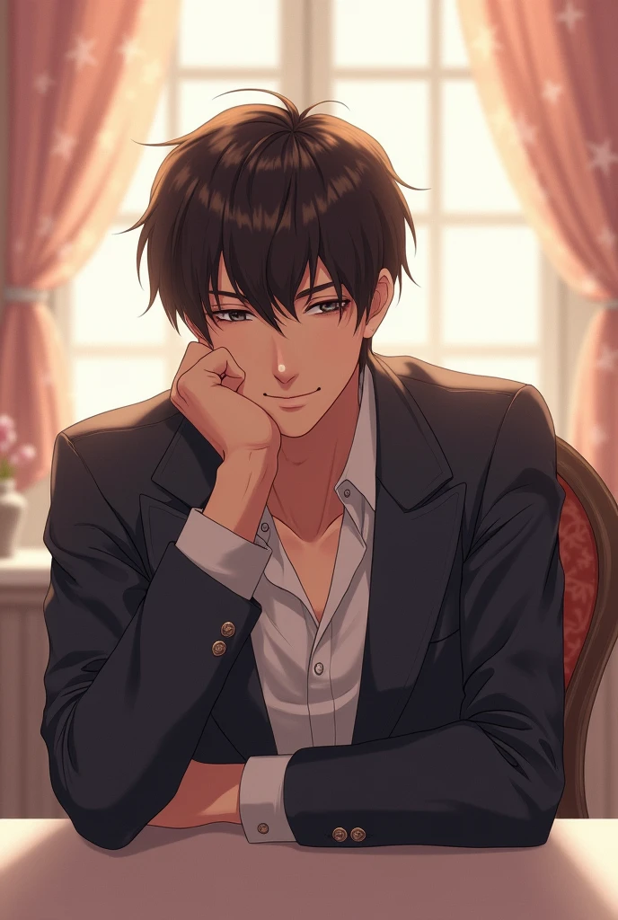 The atmosphere of the picture is like a shojo manga.、A handsome man is sitting in a chair with his elbows on the table, thinking deeply