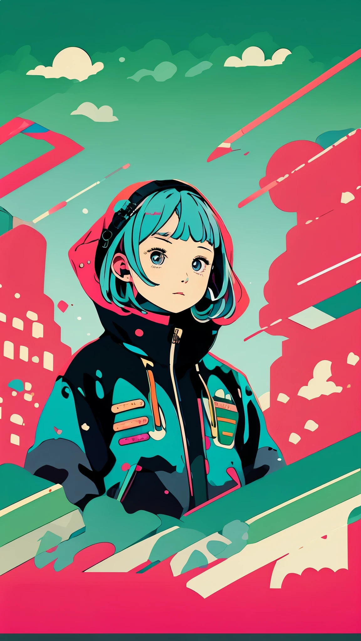 clean、Minimalist、Vector art、gradient cake scary hair、whiteいテックウェアの服、Tactical clothing（green、white）、strong stroke around image、simple and abstract design paper cute background、Solid color background、Or pastel colors、
