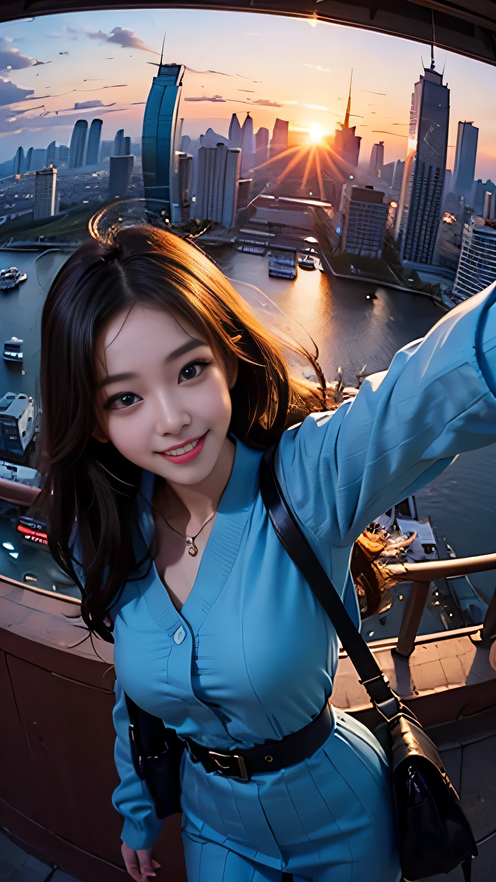 One girl, Korean, Fisheye Lens, Selfie, Wind, Messy Hair, sunset, Cityscape, (Aesthetics and atmosphere:1.2),smile