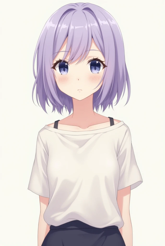 Anime girl with light purple, short hair, blue-white eyes and serious expression, comfortable clothes for a 13 year old girl