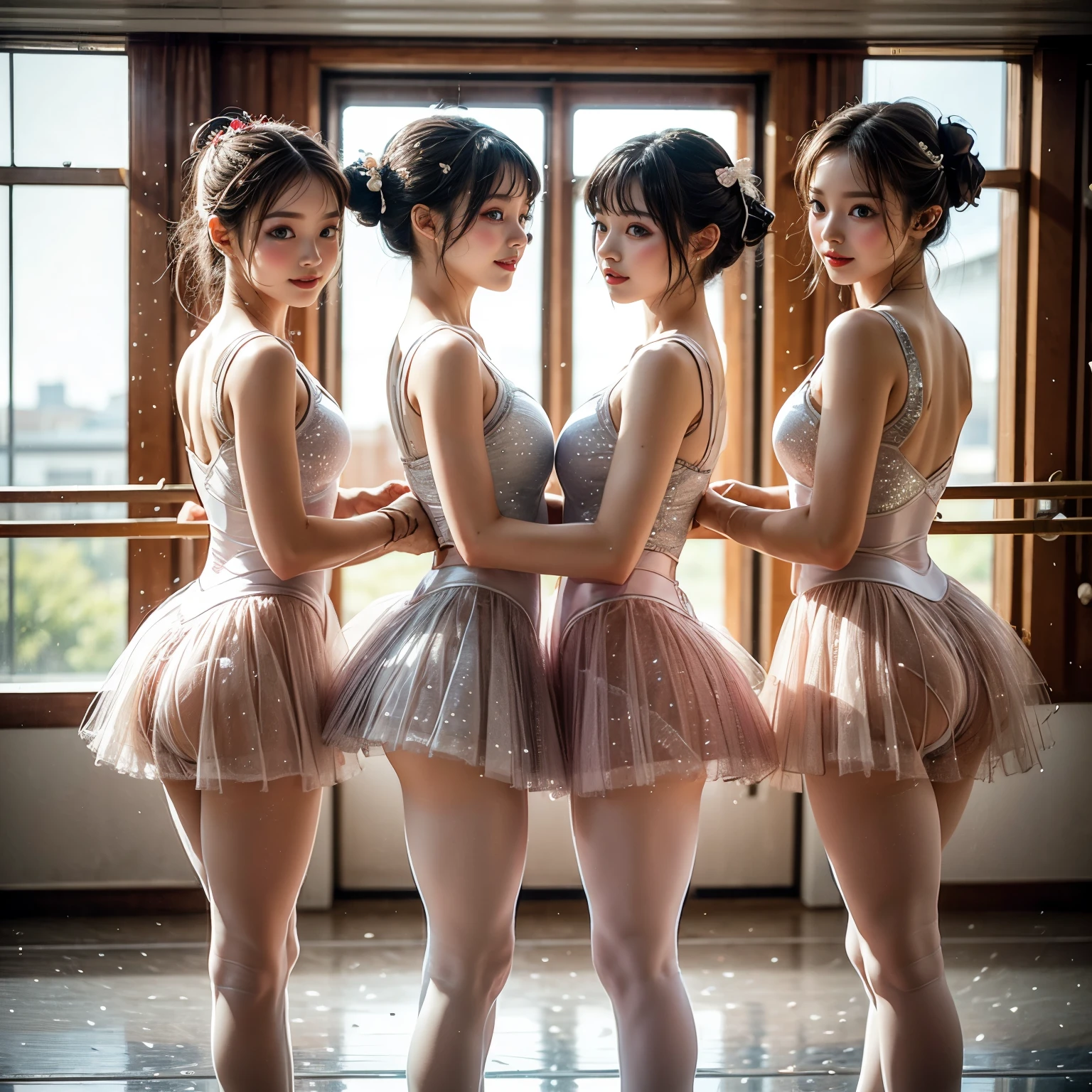 SFW, ExtremelyDetailed (((Ballet School Kawaii Girls Group in a row:1.4))), Childish perfect face, Reflective Eyes, Detailed(Delicate Clothing textures), Corrected Leg to Foot Line, Corrected Childish Hand, Dynamic Joyful Expressions LifeLike Rendering, ((Specular Reflection:0.8)), TopQuality 8K Ultra-detailed masterpiece (ProfessionalPhoto:1.37)(Acutance:0.8),(Luminism:1.28),(Muscle:-0.5), facing away (from side ) Beautiful hip line clearly visible