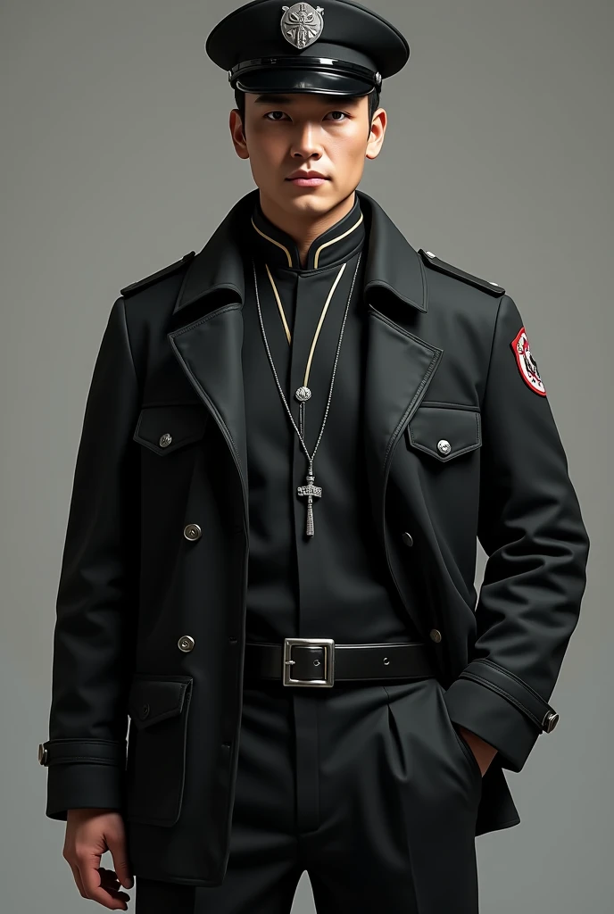 Firefighter uniform with black straight-cut pants, black jacket , black shirt, Chinese collar with silver cord and black kepi with silver plate
