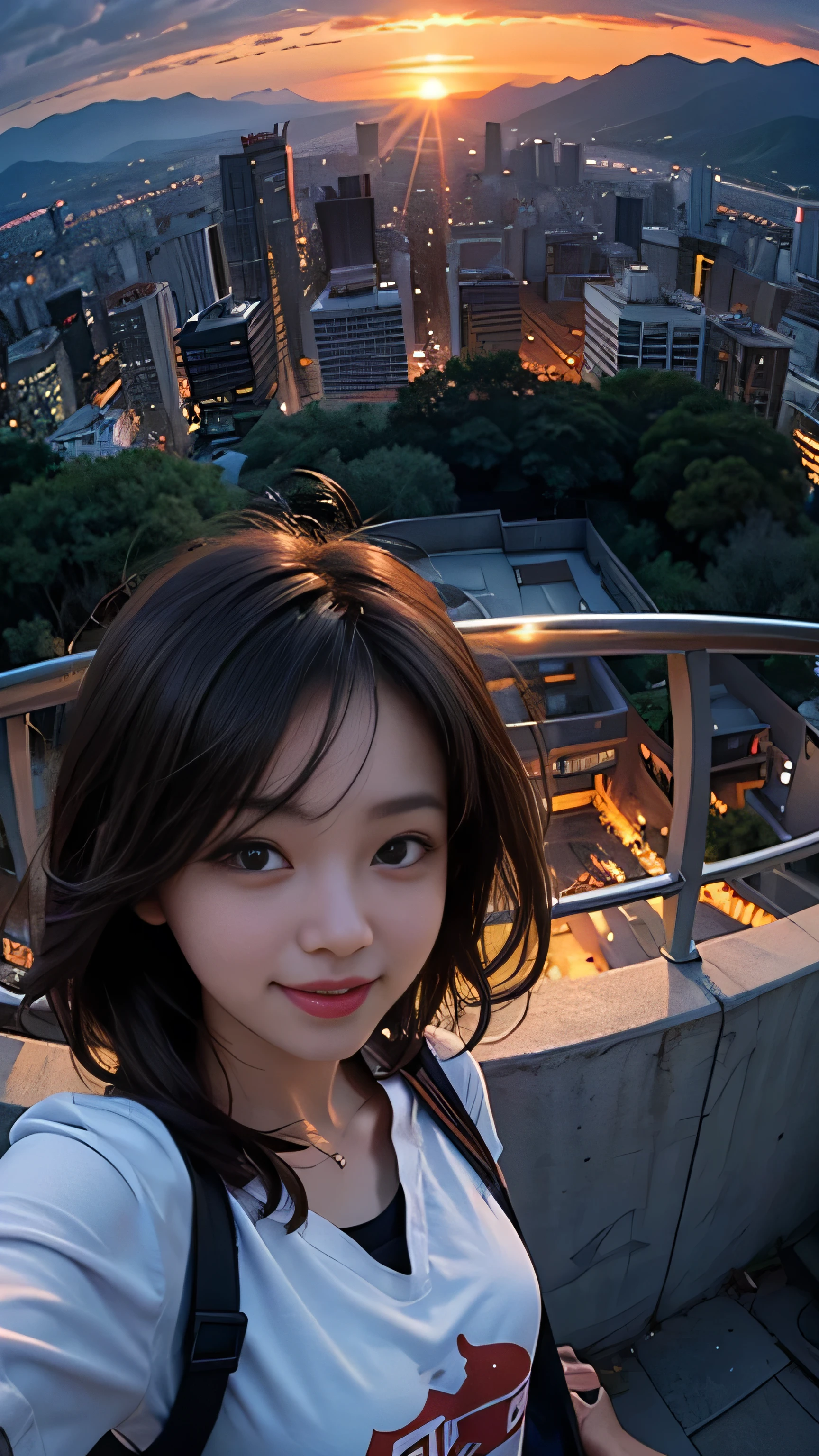 One girl, Korean, Fisheye Lens, Selfie, Wind, Messy Hair, sunset, Cityscape, (Aesthetics and atmosphere:1.2),smile