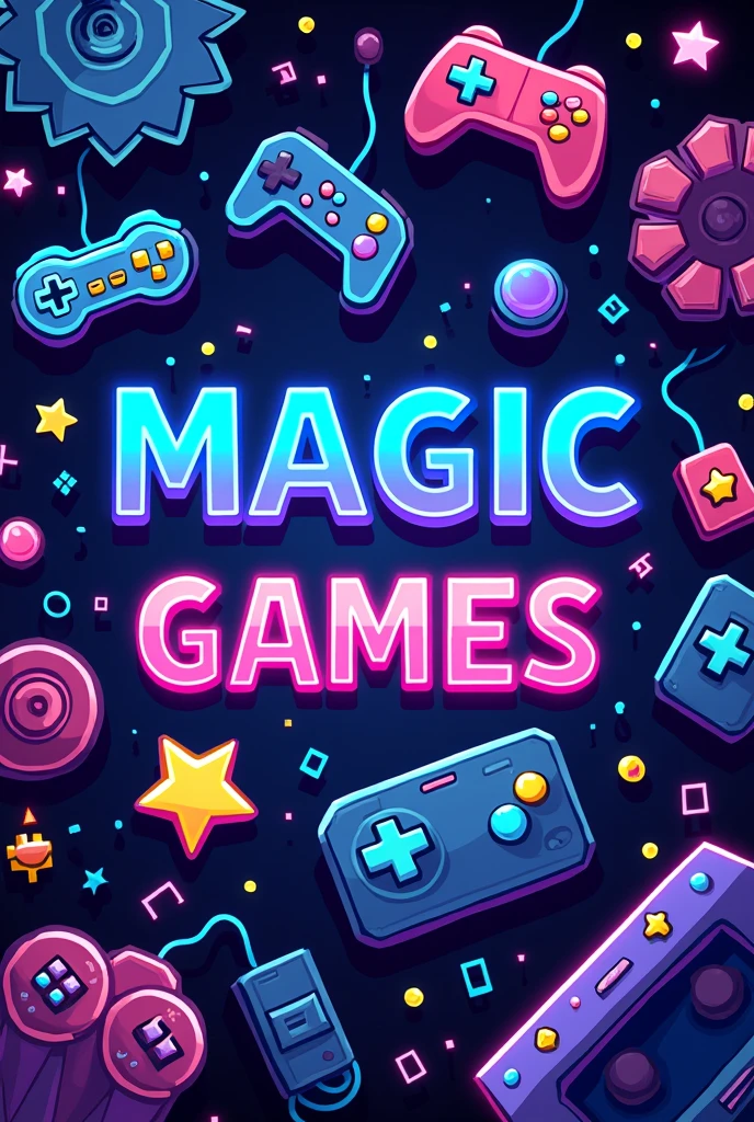 Image with a background featuring gaming elements in a cartoon style and the name Magic Games, in the middle Colors blue purple pink neon