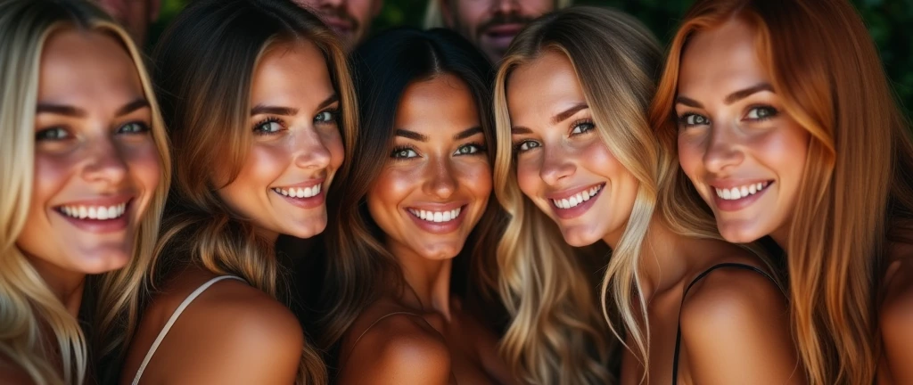 Group portrait of beautiful girls, blondes, brunettes, redheads, super happy, partying, perfect faces, perfect eyes, crowded together